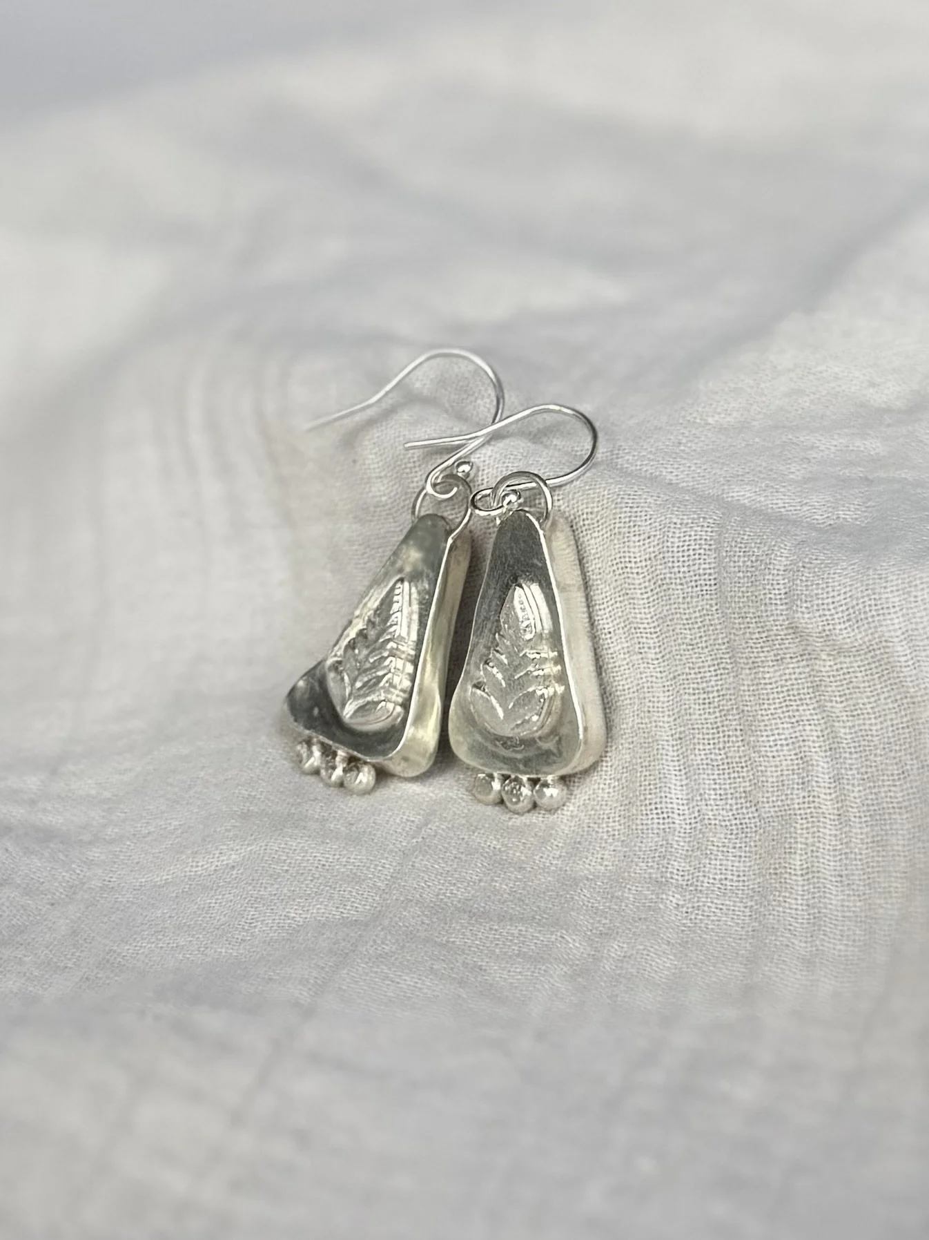 Green Sea Glass Earrings with Fern Leaf Detail
