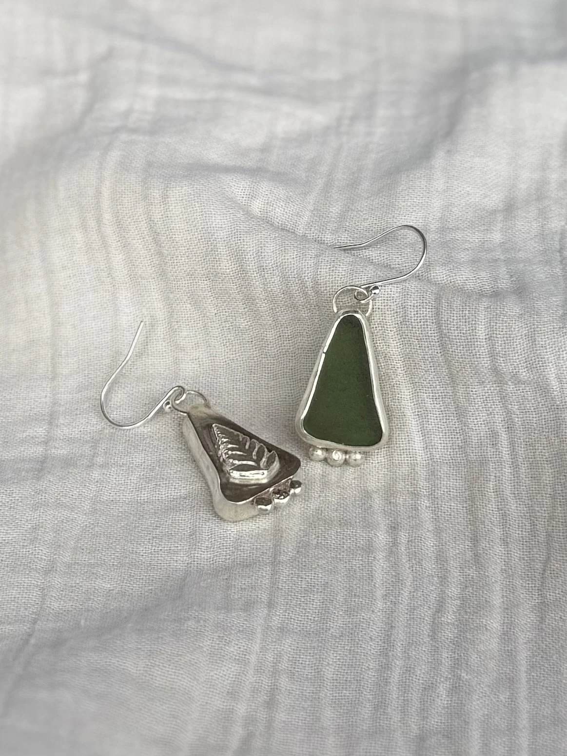 Green Sea Glass Earrings with Fern Leaf Detail
