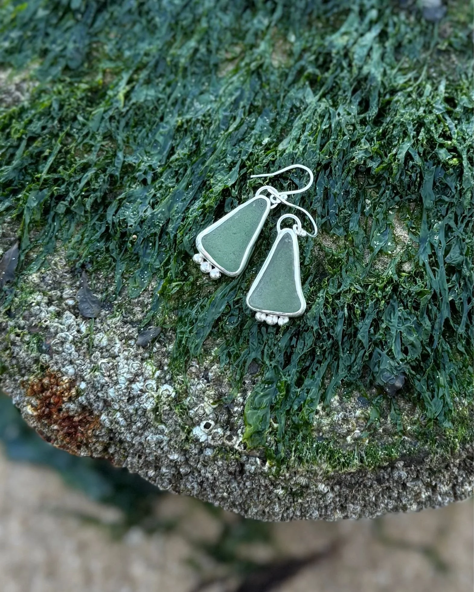 Green Sea Glass Earrings with Fern Leaf Detail