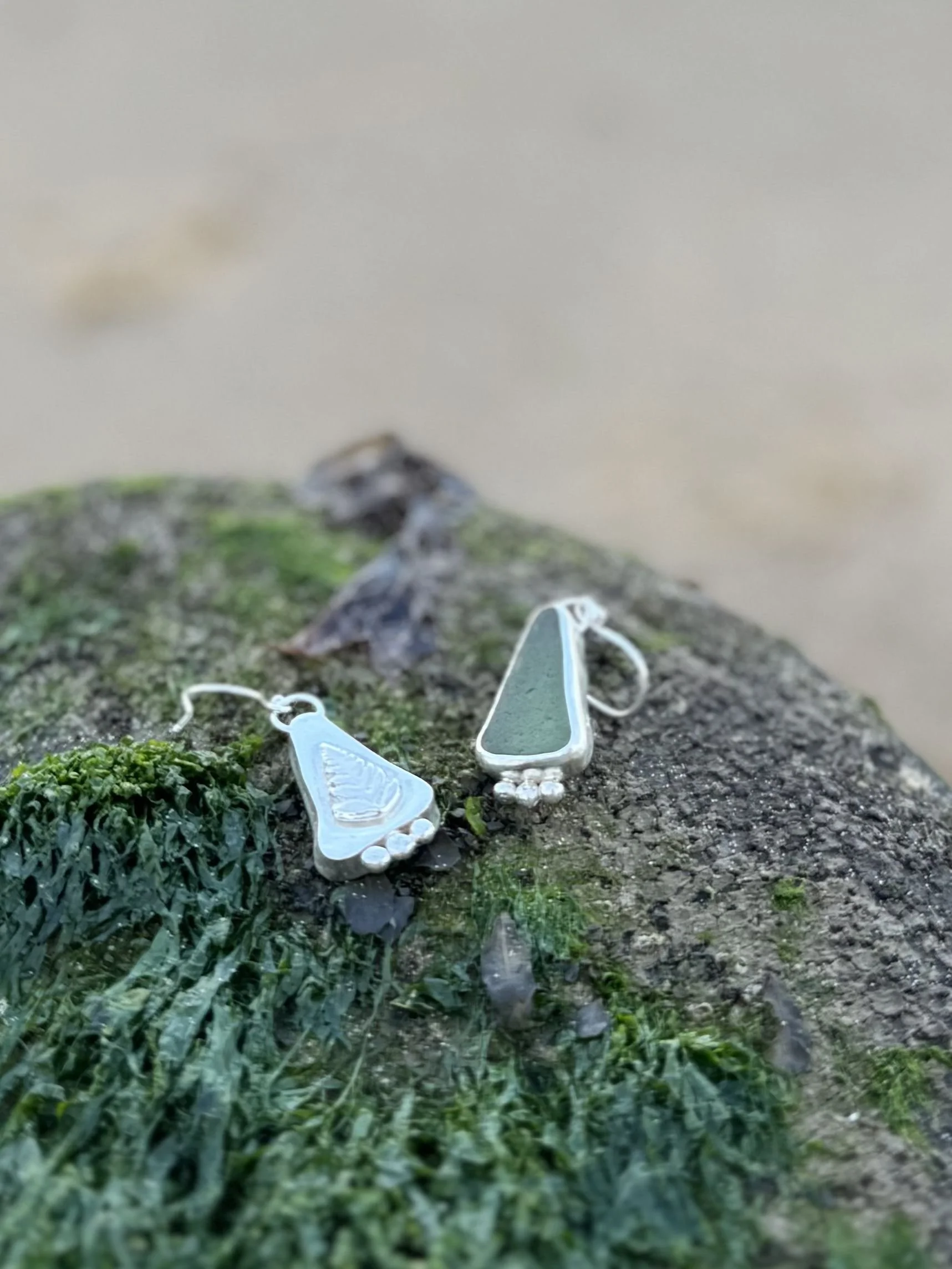 Green Sea Glass Earrings with Fern Leaf Detail