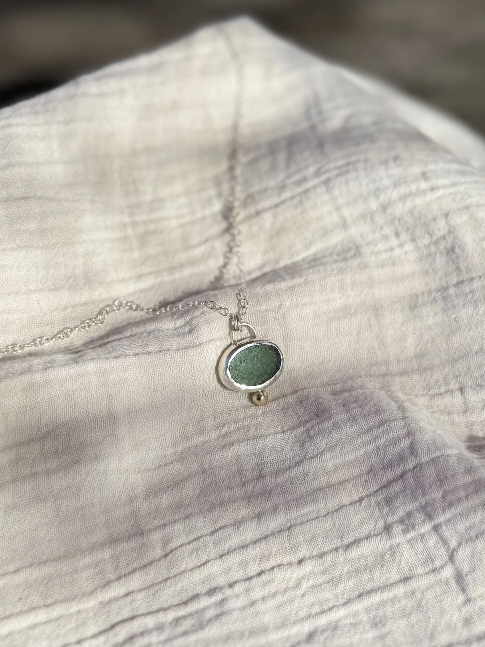 Rare Teal Sea Glass Necklace with Gold Detail