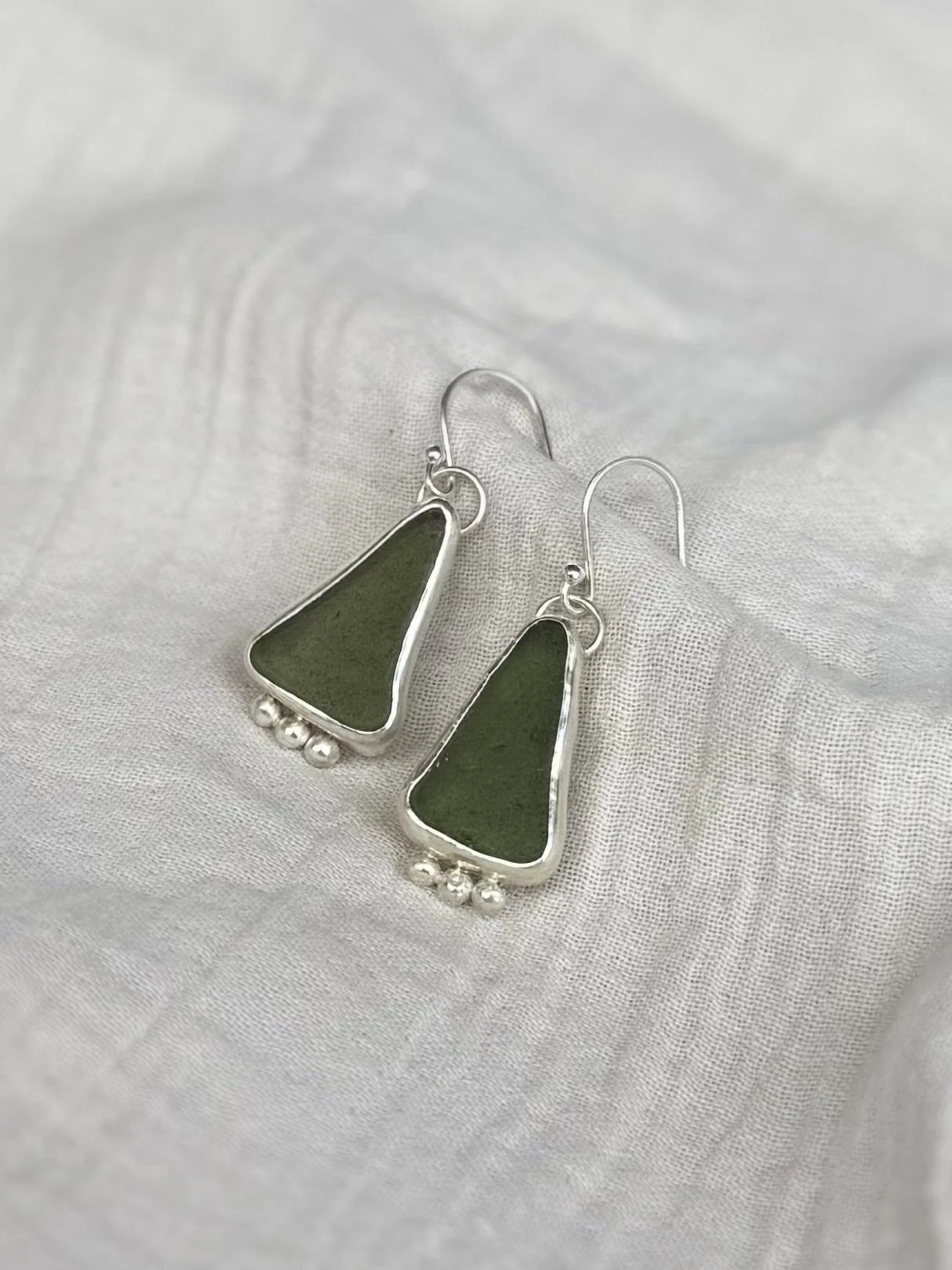 Green Sea Glass Earrings with Fern Leaf Detail