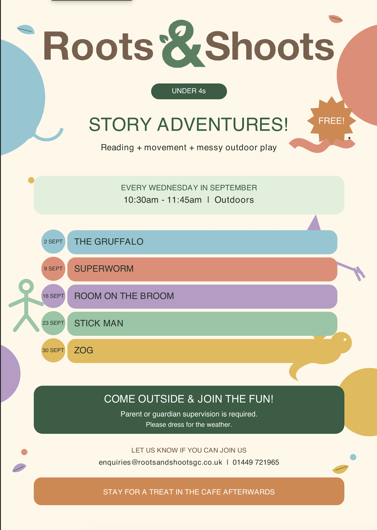 Flyer advertising outdoor story adventures for children under 4 years old with weekly schedule of themed story sessions, featuring colorful illustrations of animals and a dinosaur.