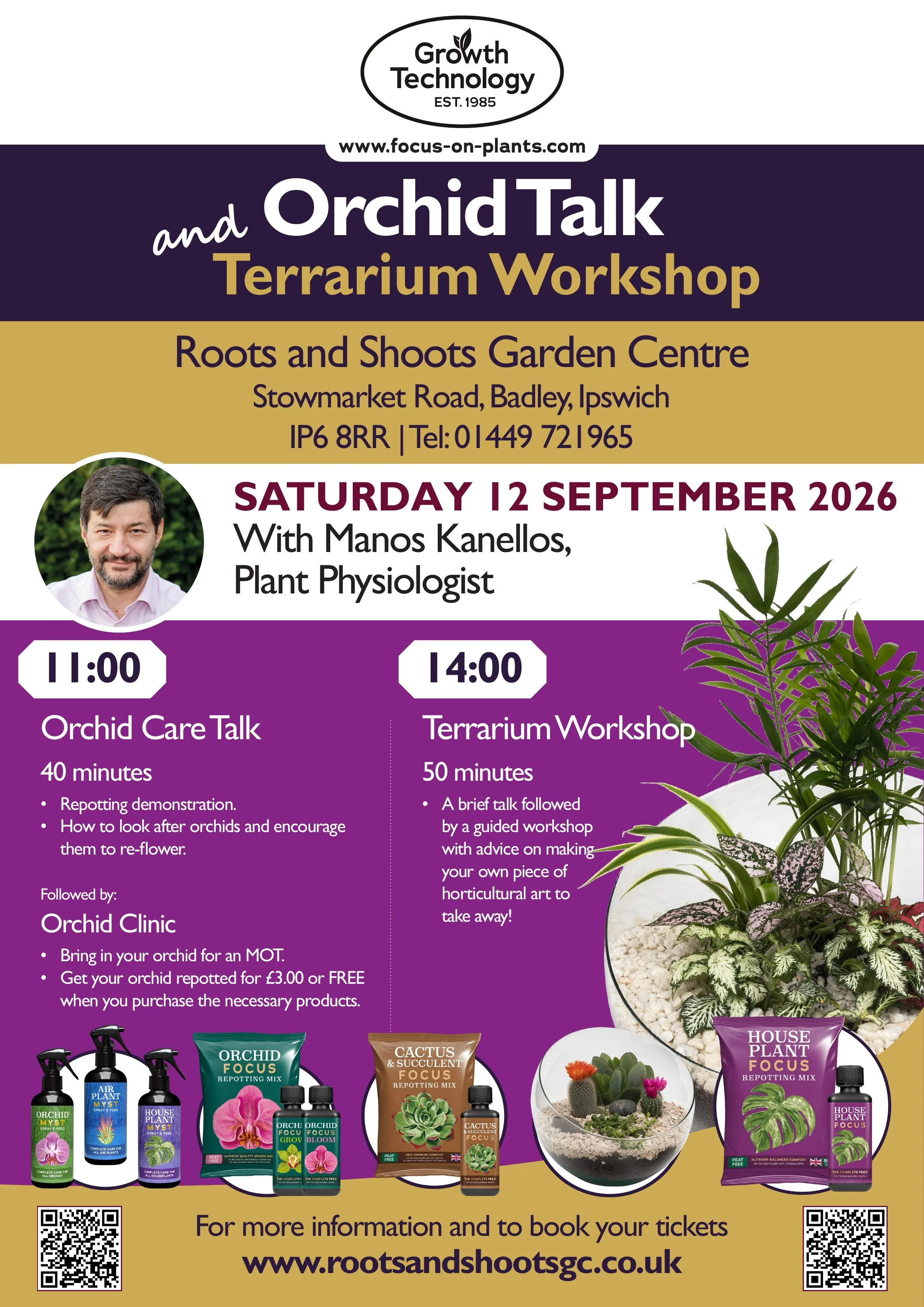 A promotional flyer for a terrarium workshop and orchid talk at Roots and Shoots Garden Centre. It includes details about event times, topics, and guest speaker Manos Kanellos, a plant physiologist, along with images of orchids, succulent plants, and gardening products.