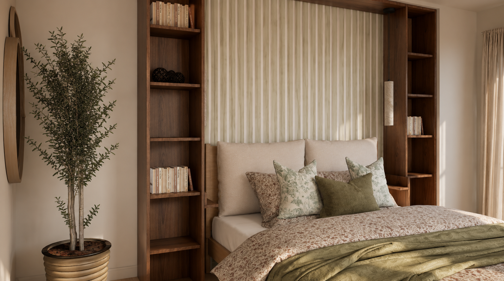 Chambre avec bibliothèque en bois intégrée et coussins à motifs fleuris, Maison Hilda
