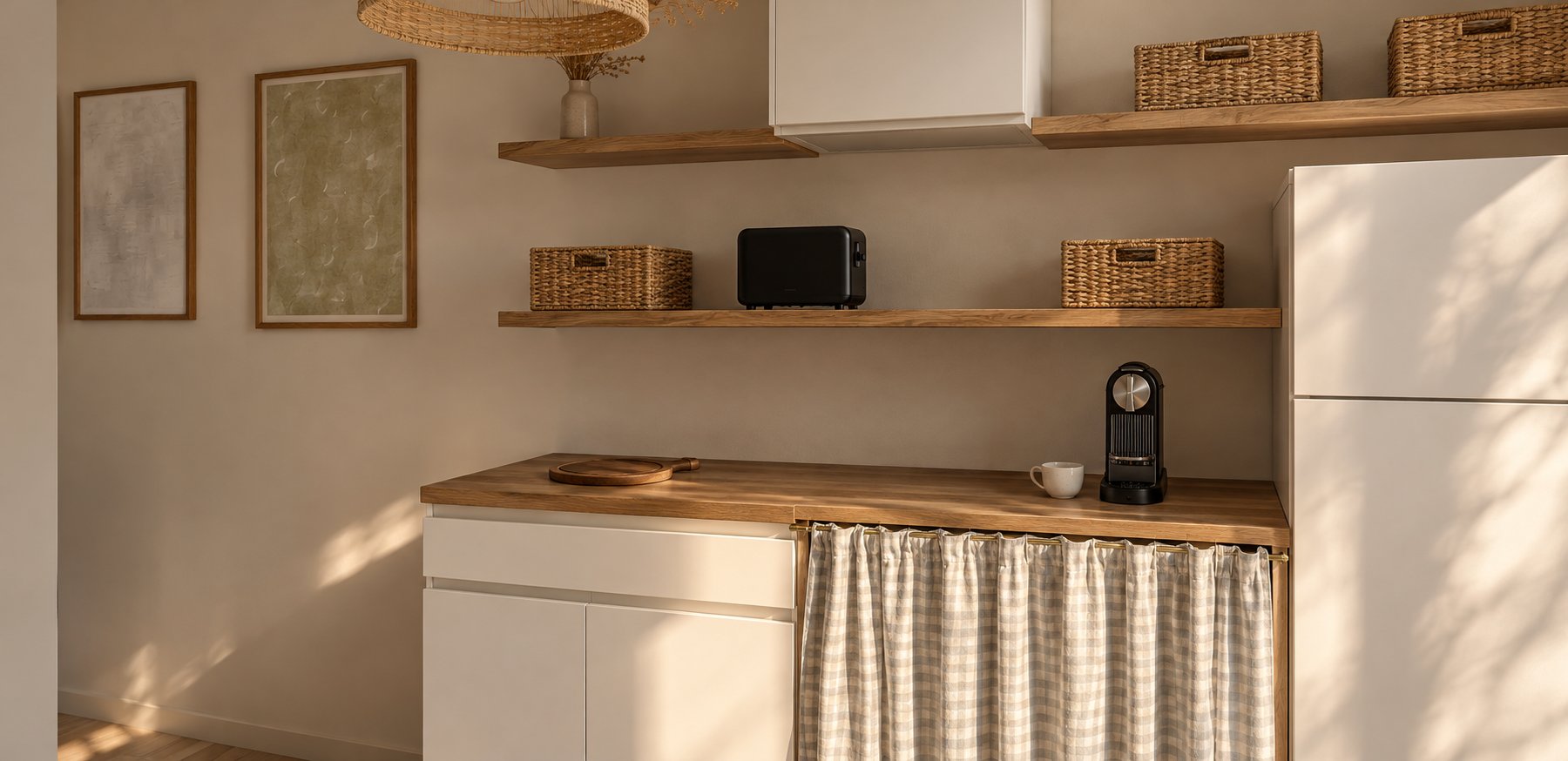 Une cuisine minimaliste avec des étagères en bois, des paniers en osier, un petit appareil noir, une cafetière Nespresso, une tasse blanche, un plan de travail en bois, et un rideau en tissu avec un motif à carreaux beige et blanc.