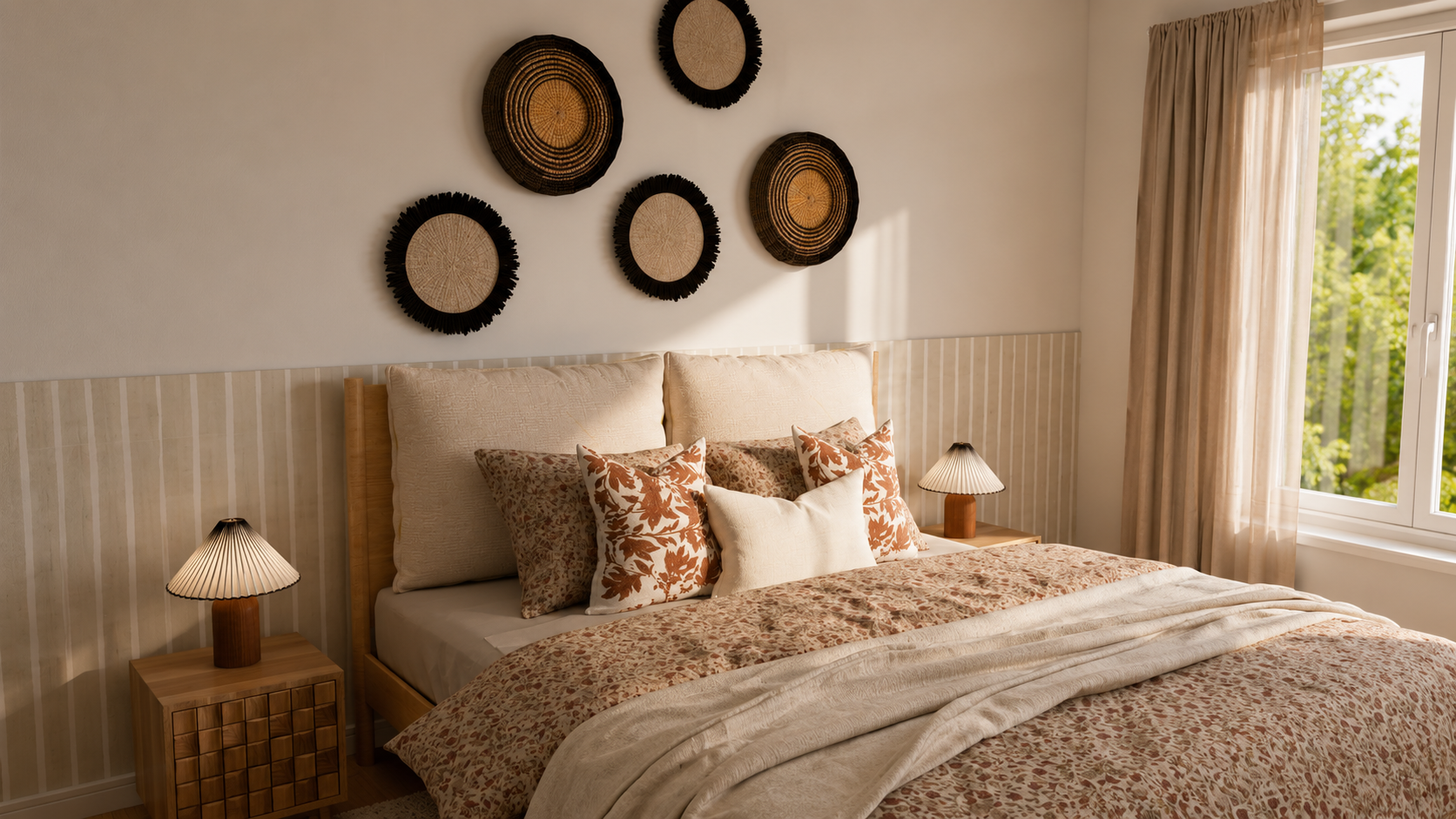 Chambre avec disques muraux tressés et linge de lit fleuri, projet Gallieni