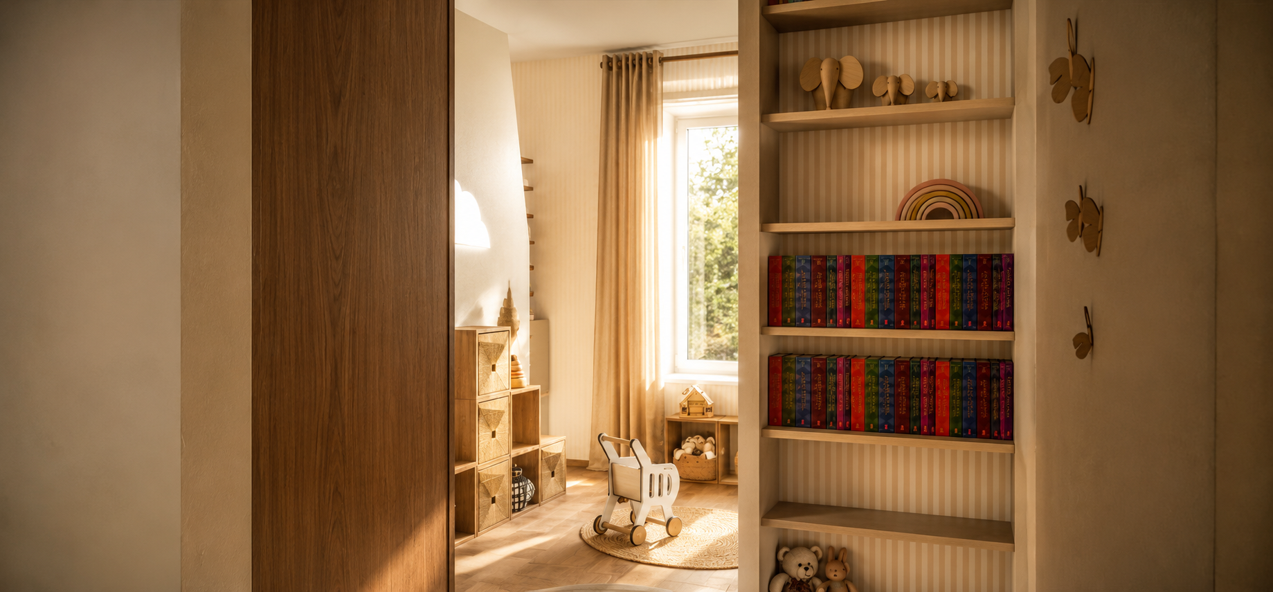Chambre d'enfant chaleureuse, rangements bois et cheval à bascule, projet Ménilmontant, Maison Hilda