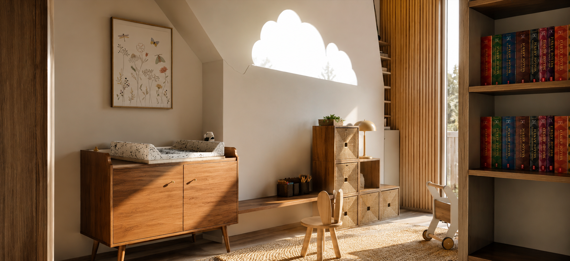 Meuble à langer en bois avec vasque et cadre floral, chambre d'enfant, projet Ménilmontant