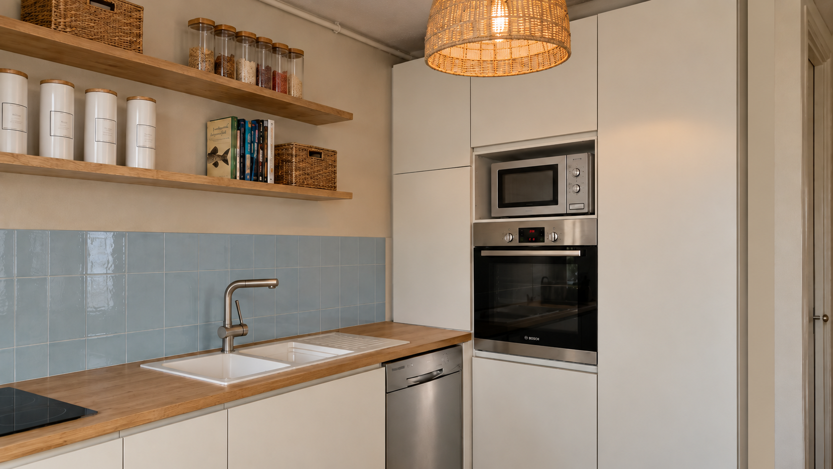 Cuisine moderne avec placards blancs, plan de travail en bois, évier, four intégré, micro-ondes. Deux étagères en bois avec bocaux et livres. Lampe en rotin suspendue au plafond.