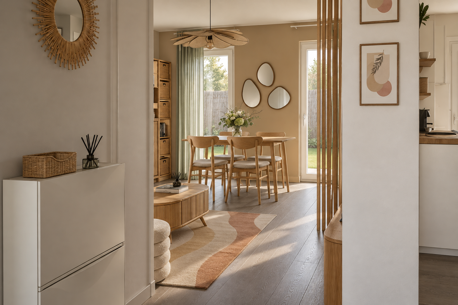 Intérieur d'une salle à manger - salon lumineux avec une table en bois, quatre chaises, un vase avec des fleurs, des miroirs ovales sur le mur, et des fenêtres avec des rideaux verts sauges. Décoration minimaliste.