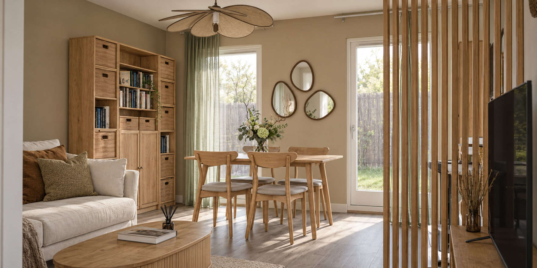 Salon lumineux avec canapé beige, table basse en bois, étagère en bois avec livres, table à manger en bois avec quatre chaises, décoration murale de miroirs ovales, vase avec fleurs, grande fenêtre avec rideaux verts, porte-fenêtre menant au jardin, séparation en bois style barreaux, télévision, ambiance chaleureuse et naturelle.
