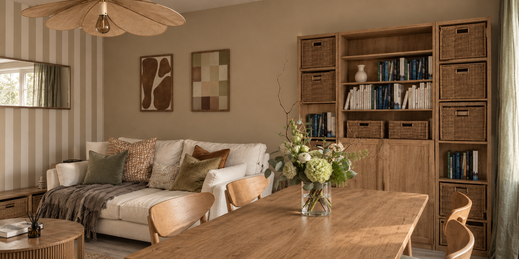 Salon de salon avec canapé blanc, coussins beiges, table basse en bois avec un vase de fleurs, étagère en bois avec livres et boîtes en rotin, décoration murale abstraite, pièce éclairée par la lumière naturelle.