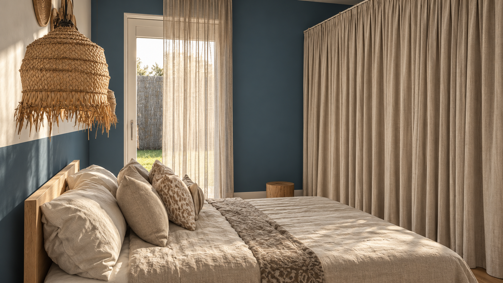 Chambre à coucher avec un lit en bois, literie beige et coussins avec des motifs léopard, grande fenêtre avec rideaux en lin, mur bleu, lampe en paille suspendue, et un petit meuble en bois à côté de la fenêtre.