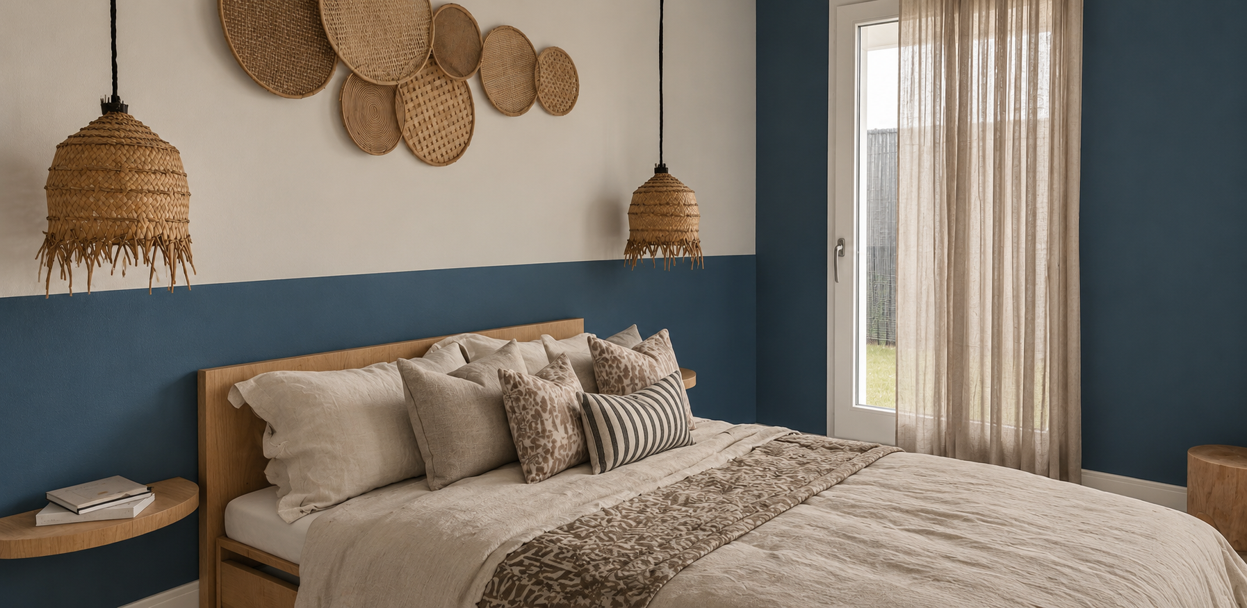 Chambre avec lit beige, plusieurs coussins aux motifs divers, lambris en bois, deux lampes en rotin suspendues, mur bleu et blanc, porte-fenêtre avec rideau léger beige, vue vers un jardin.