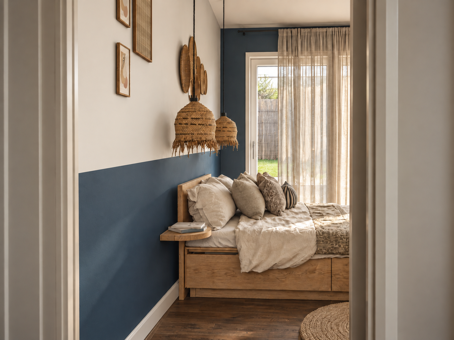 Chambre avec lit en bois, draps beige, plusieurs coussins, grand rideau en lin transparent, deux lampes suspendues en osier, décoration murale en osier, porte-fenêtre donnant sur un jardin