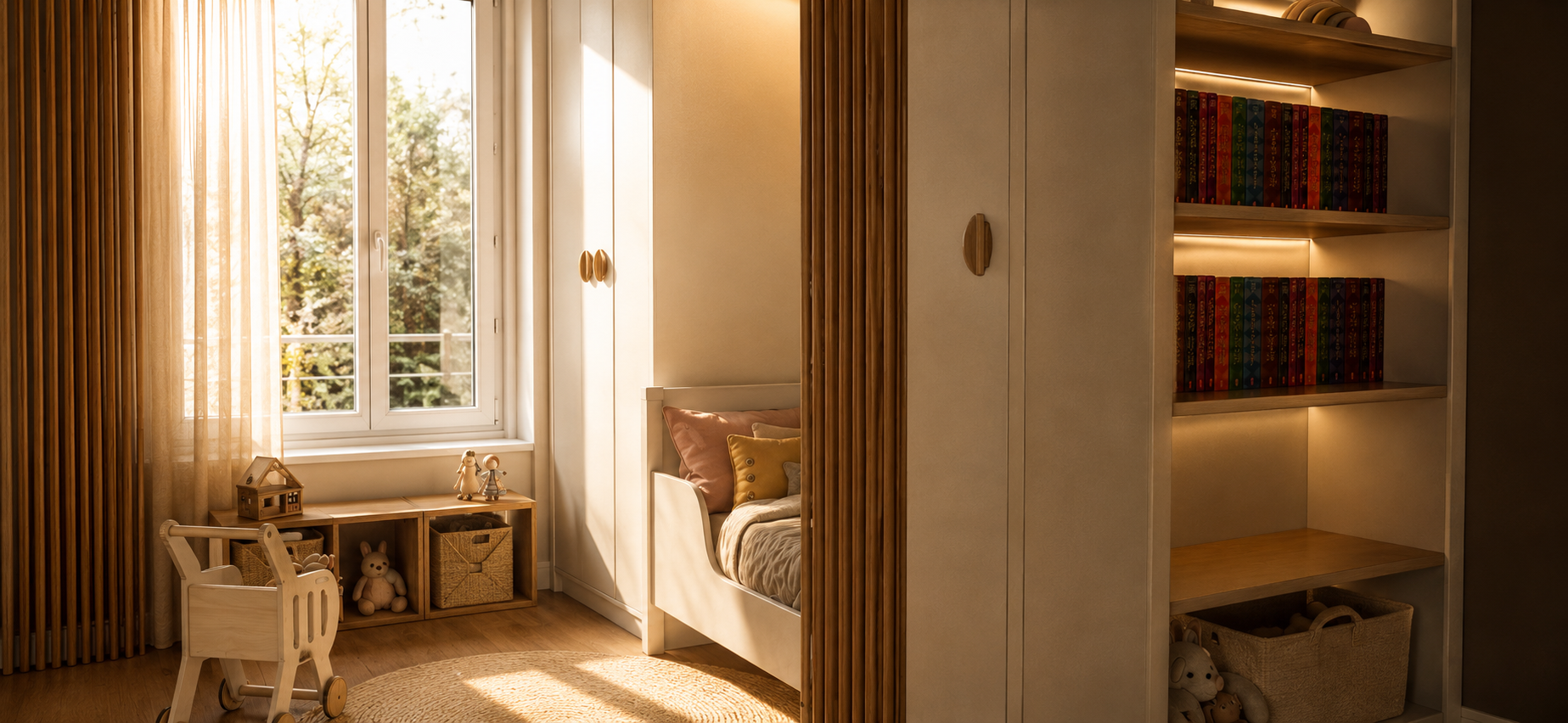 Chambre d'enfant avec lit cabane et coin jeux près de la fenêtre, projet Ménilmontant
