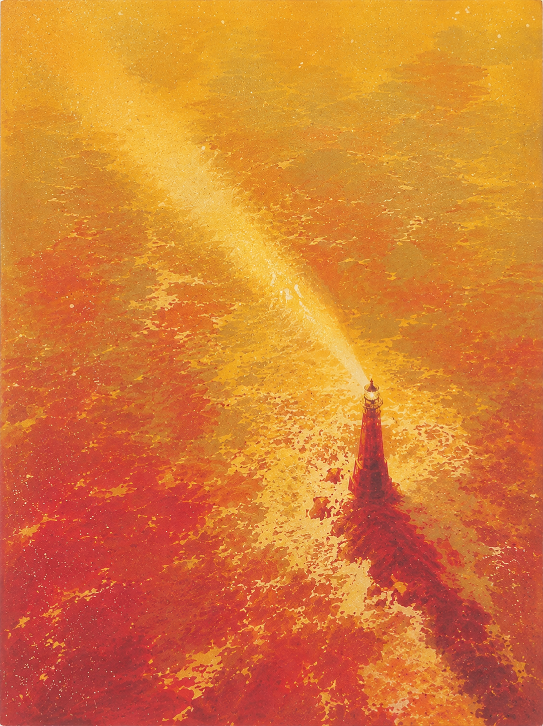 A lighthouse on a coast with a path of light emanating from its top, surrounded by orange, yellow, and red foliage, with a sky filled with a fiery glow.