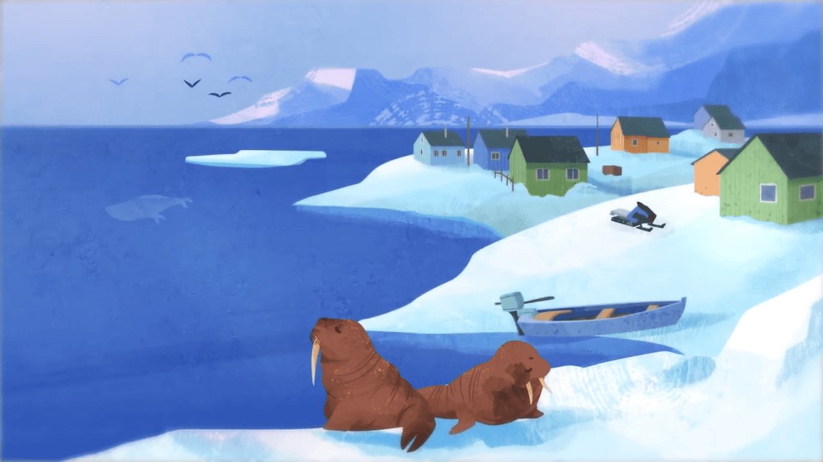 Illustration of a coastal Arctic village with snow-covered ground, colorful houses, and mountains in the background. Features include an iceberg in the water, flying birds, a boat, and two walruses near the ice.