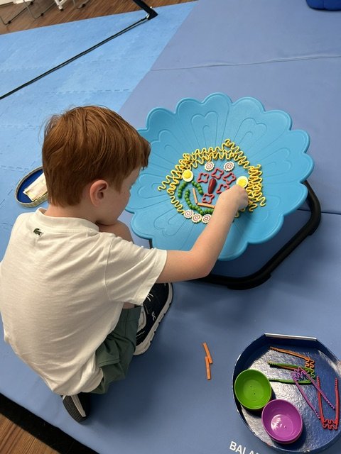A young boy with red hair sitting at a blue table playing a game with colorful pieces in a flower-shaped tray. Working on occupational therapy goals.