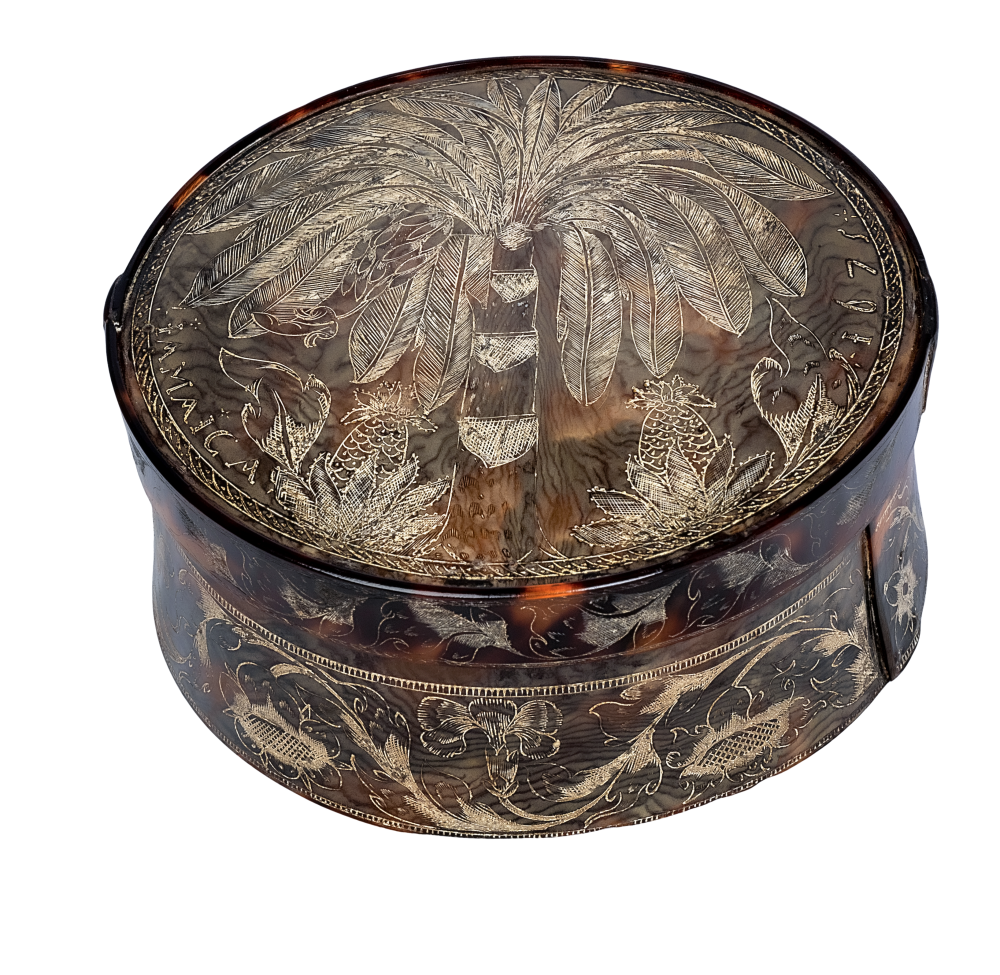 Jamaican engraved tortoiseshell round box