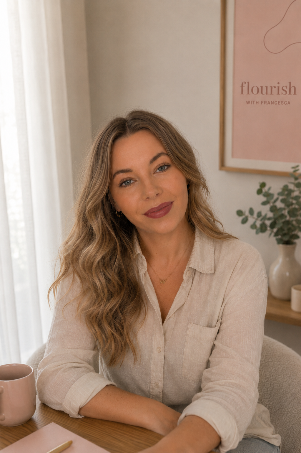 A woman with wavy light brown hair and light skin sitting at a wooden table, wearing a beige button-up shirt, smiling at the camera, with a pink mug and paper in front of her, in a cozy room with a framed poster and a potted plant in the background.
