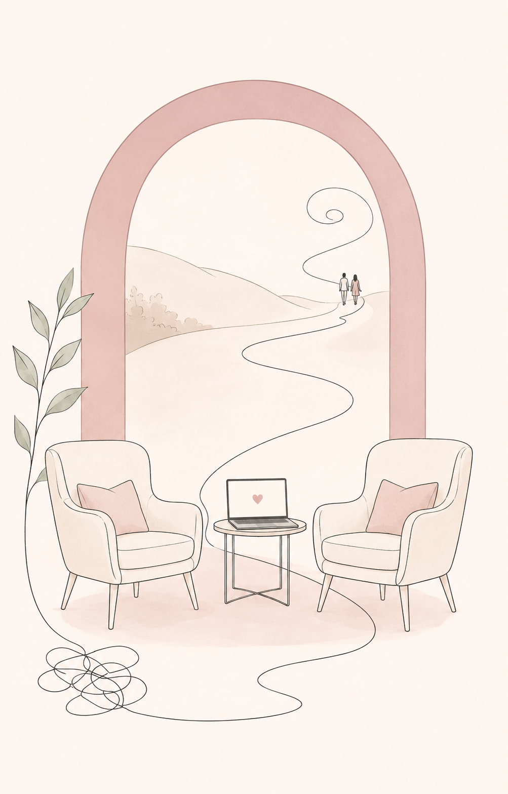 A minimalistic illustration of a cozy indoor space with two armchairs, a small table with a laptop, and a potted plant. In the background, there is a view of a landscape with a winding path and two people walking in the distance, seen through an arch-shaped window or doorway.