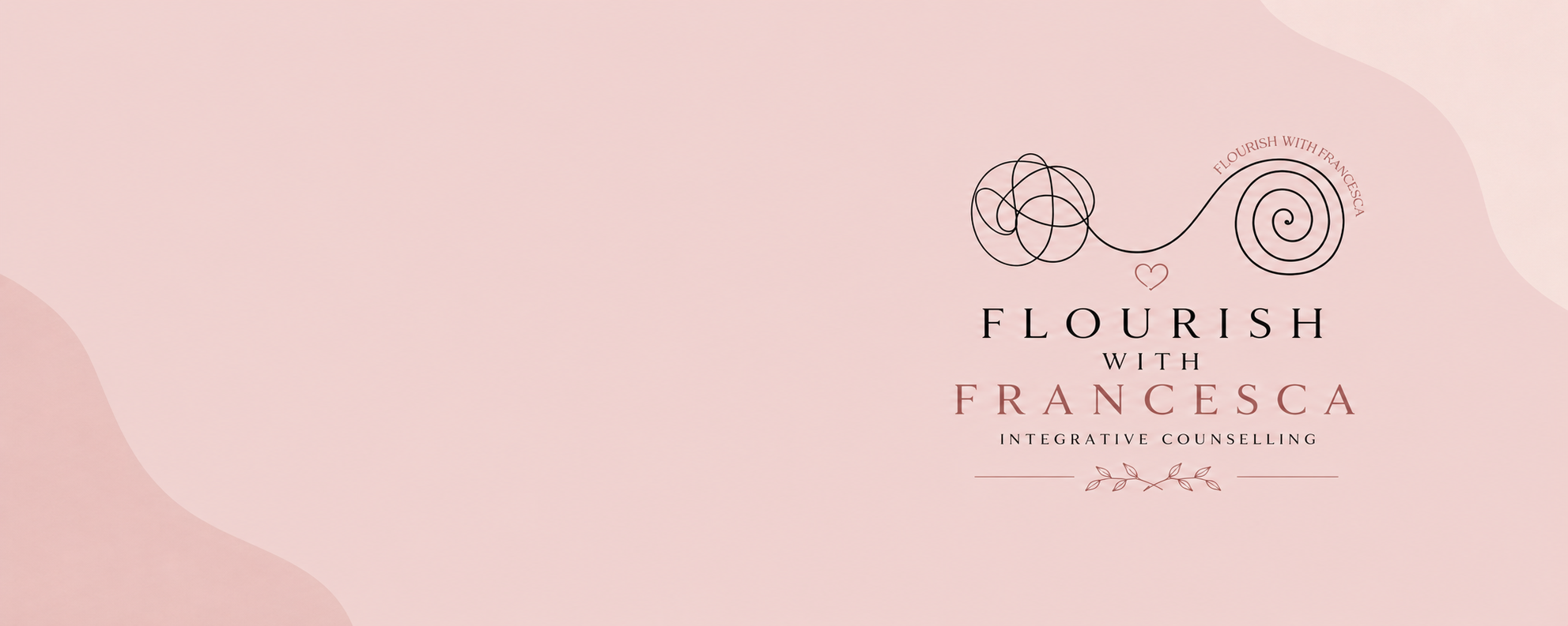 Pink background with black and pink text that reads 'Flourish with Francesca' and 'Integrative Counselling'. Logo includes a black line art tangled line leading to a spiral, with a small pink heart and text 'Flourish with Francesca' around the line. Small decorative leaf illustrations below.
