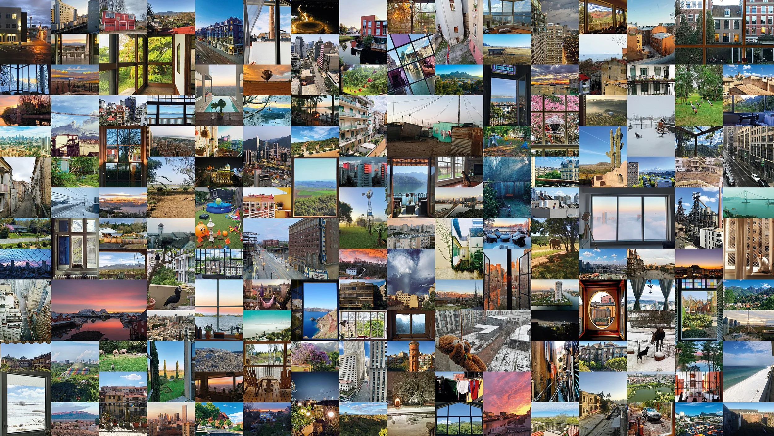 Collage de photographies de fenêtres du monde entier, issues du groupe facebook View from my window créé par Barbara Duriau