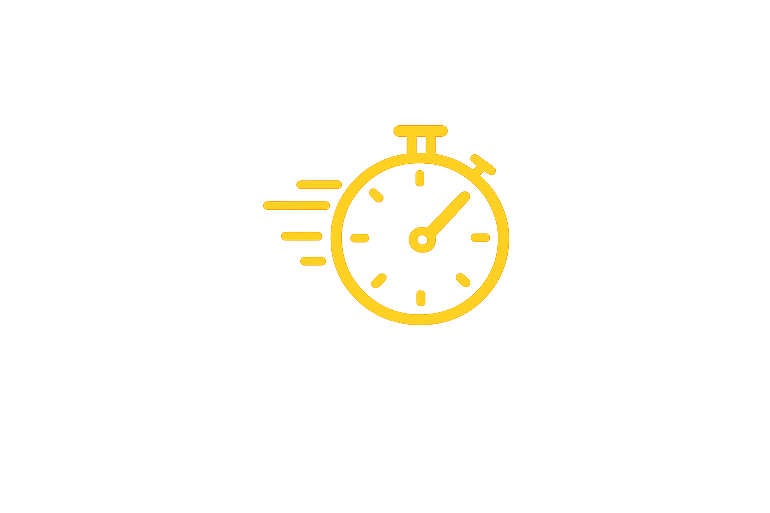 Neon yellow outline of a stopwatch with motion lines on the left, glowing against a dark gradient background.