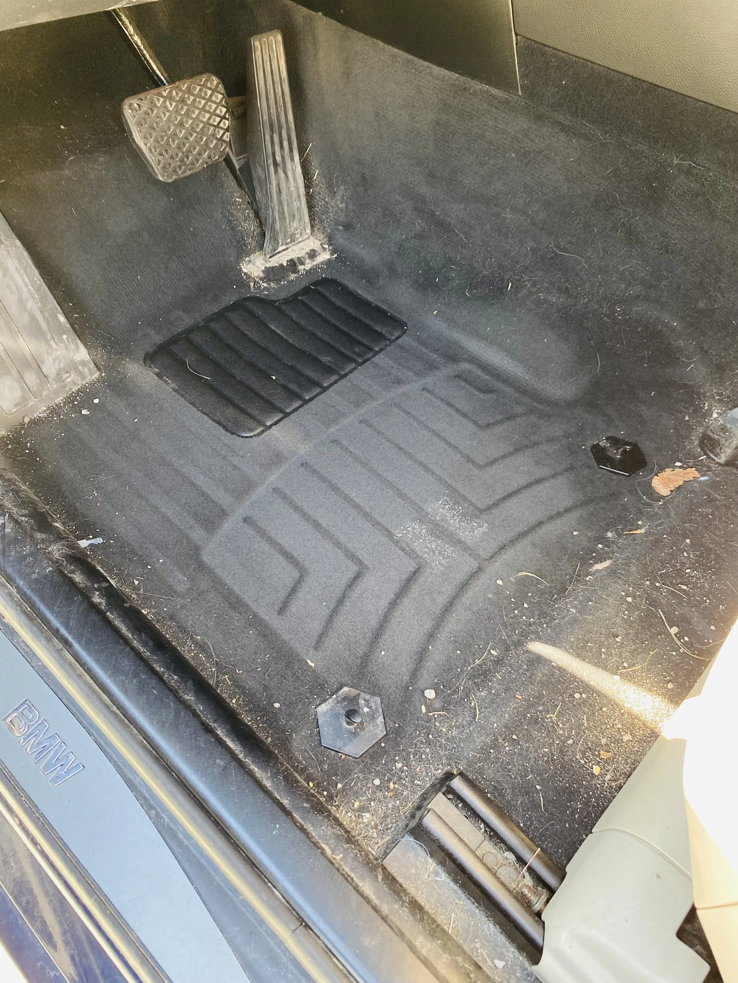 The image shows the footwell area of a vehicle with a black rubber accelerator pedal, a brake pedal, and a black floor mat. There is some dirt and debris on the floor, and a small white object and a piece of dried leaf are visible on the floor.