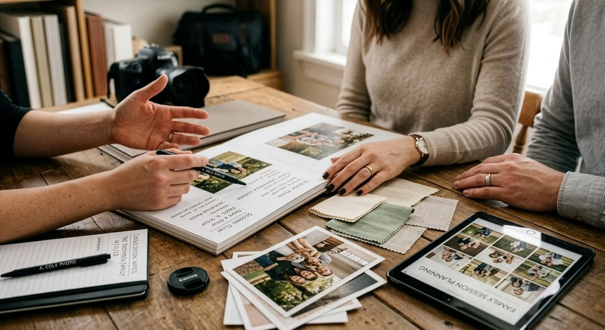 Design consultation between premium portrait photographer and parents reviewing printed photographs, swatches, and documents.