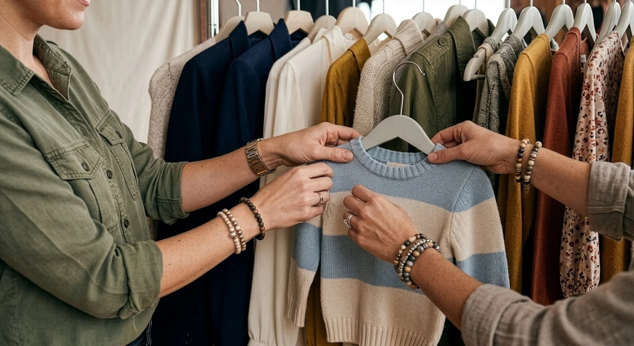 Two women shopping for clothes at a boutique, looking at a beige sweater with blue stripes. They are surrounded by various sweaters and jackets on hangers.