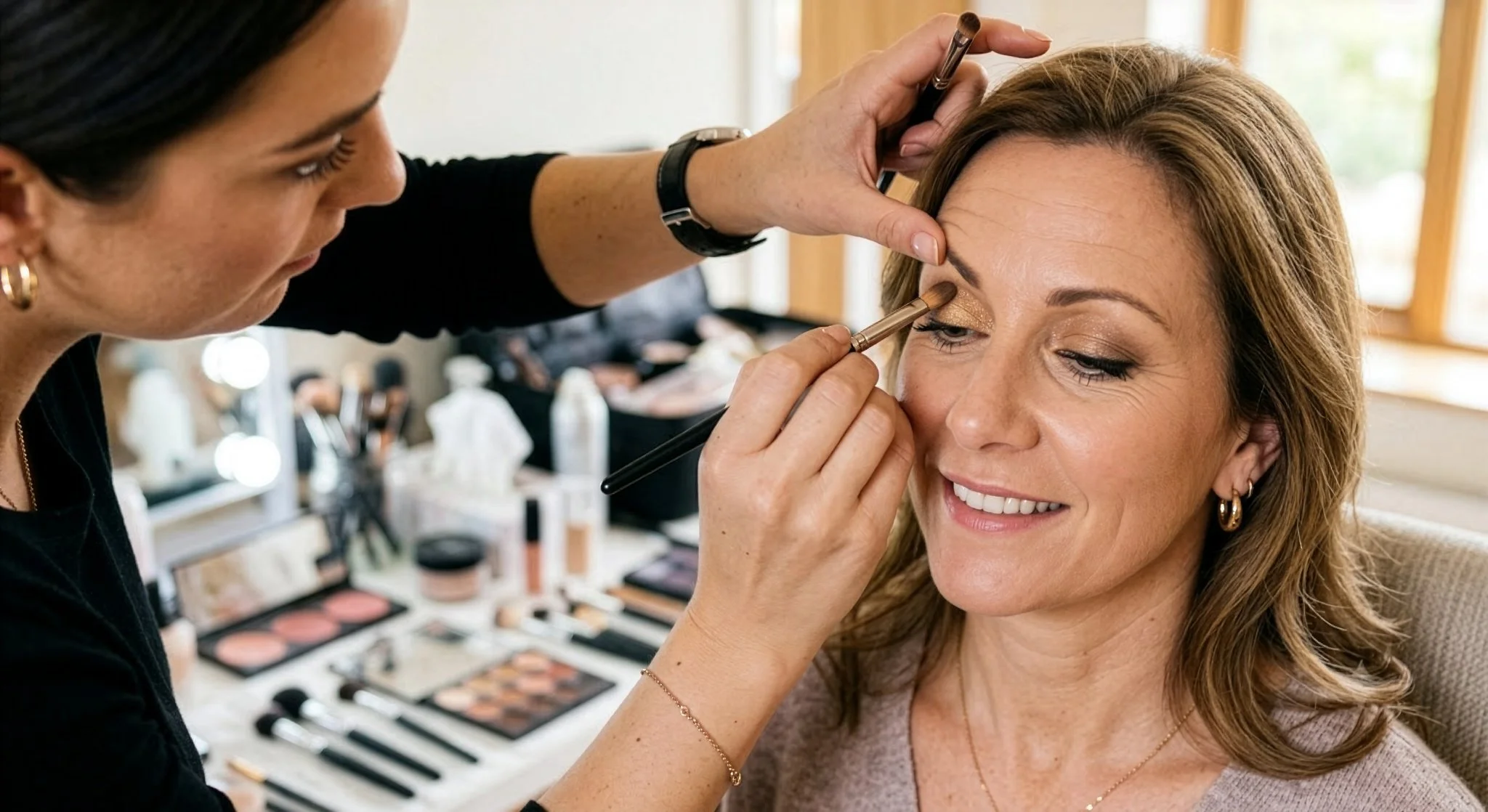 A makeup artist applying makeup to a mother's eyelid in a beauty salon, with makeup products and brushes on the table in the background.
