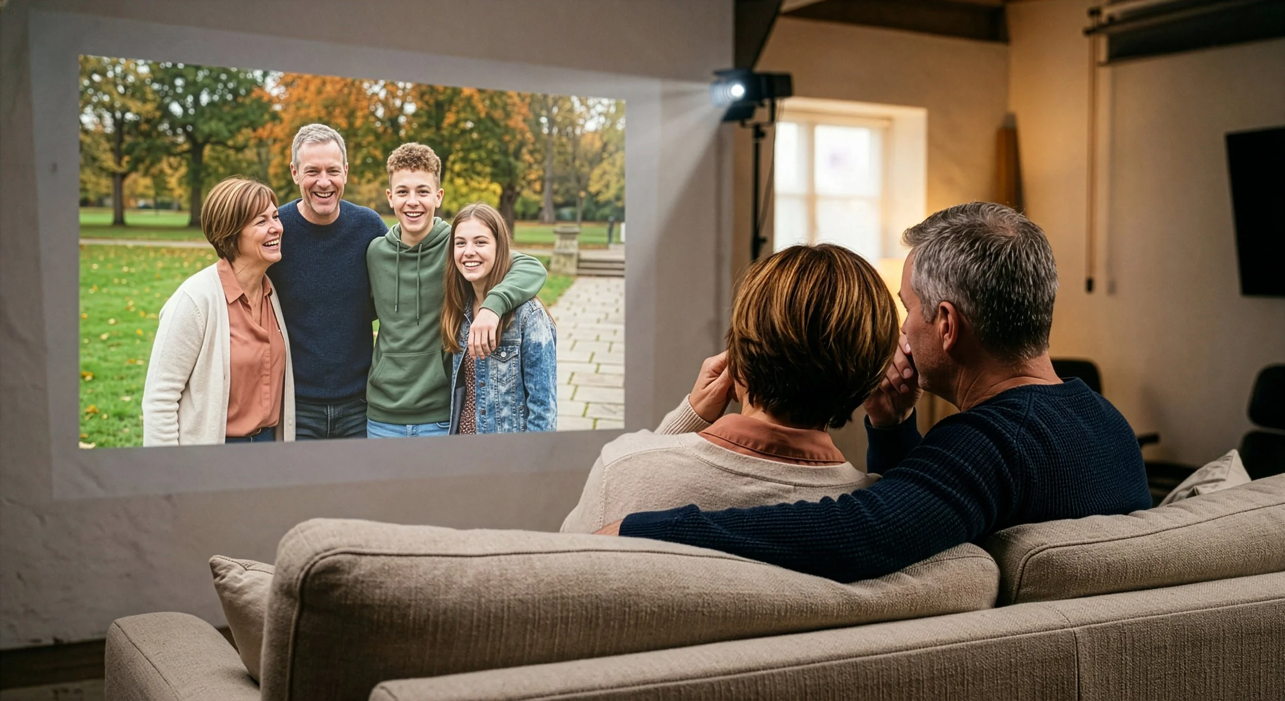 Parents watching a photo slideshow of their family during a cinematic reveal.