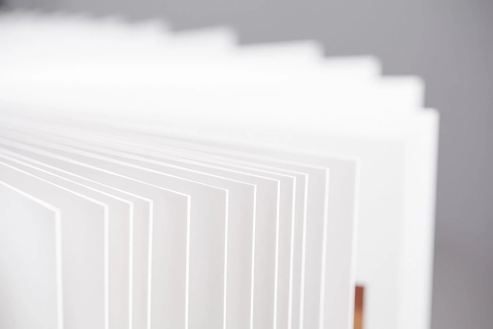 Fanned layflat album pages showing craftsmanship and thickness — premium heirloom albums by The Oak Studio