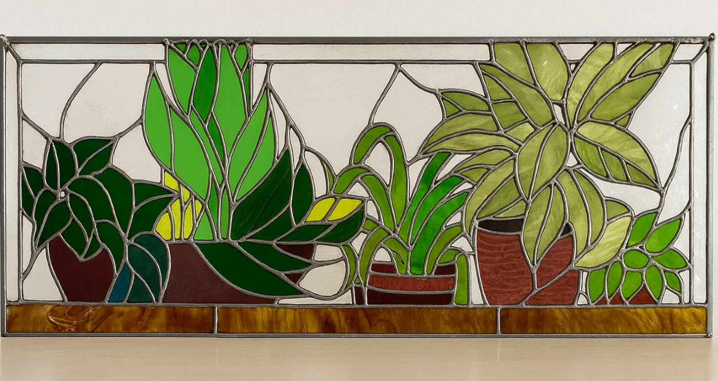 Custom potted houseplants stained glass window. Commissioned in 2025.