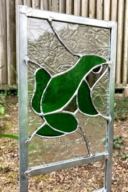 Stained glass garden stake with green frog. Art glass panel 7 x 9 inch. Garden stake 20 inch tall. Sold.