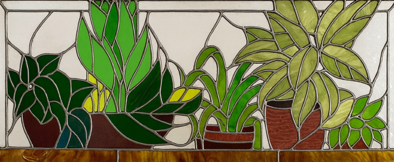 14 x 30 inch potted houseplants stained glass window panel