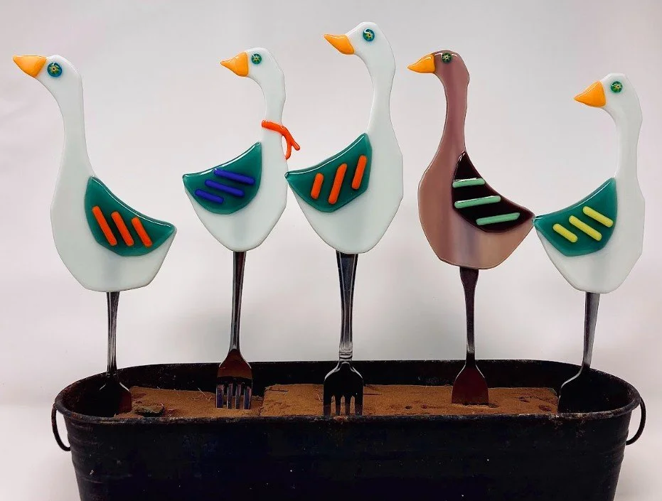 Goose fused glass plant stakes. 4 x 12 inch. $34 each.