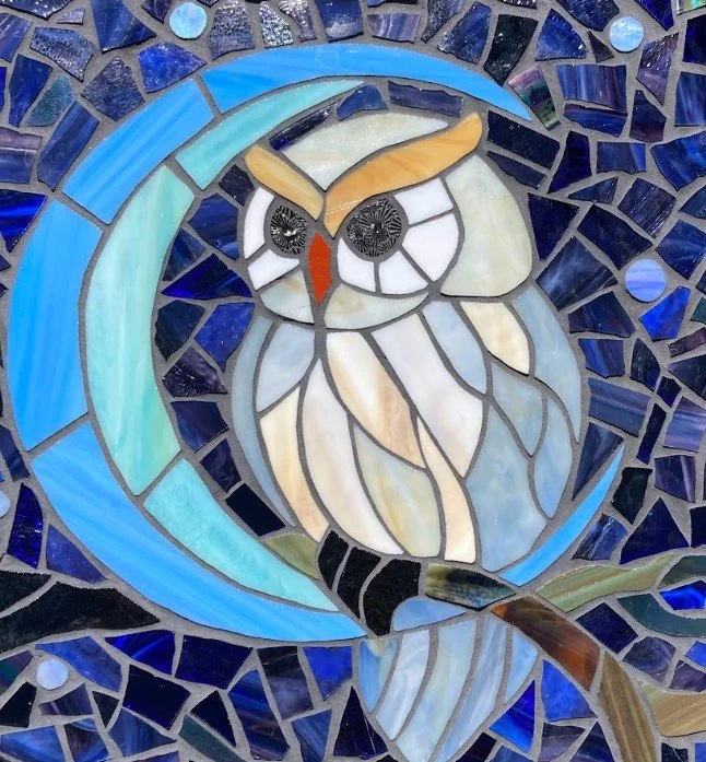 Glass mosaic table featuring an owl with crescent moon. 18 x 18 x 20 inch. Commissioned in 2026.