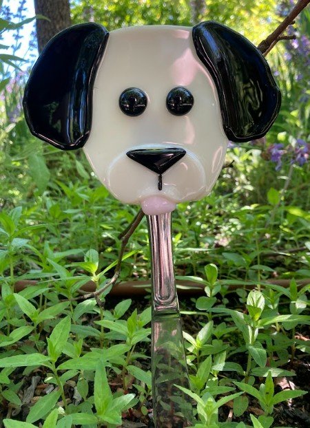 Puppy face fused glass plant stake. 4 x 12 inch. Sold.