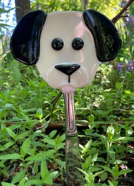Puppy face fused glass plant stake. 4 x 12 inch. Sold.