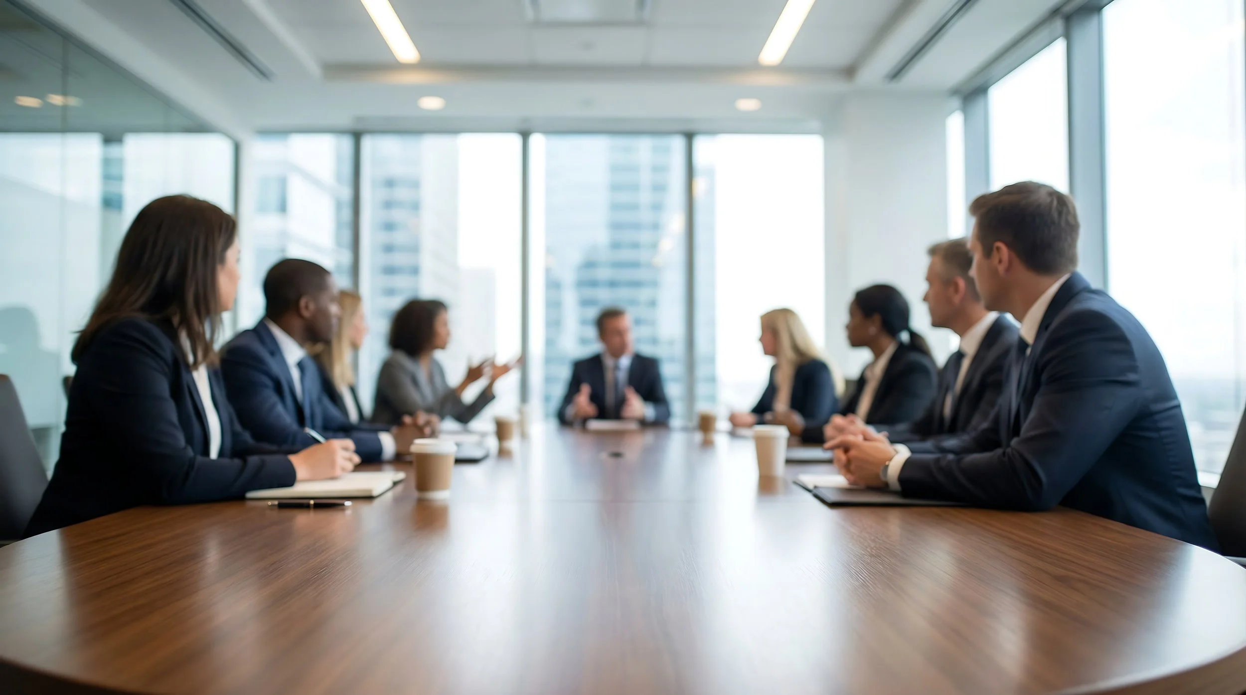 Business meeting with eight professionals sitting around a conference table in a high-rise office, discussing with cityscape views through windows.