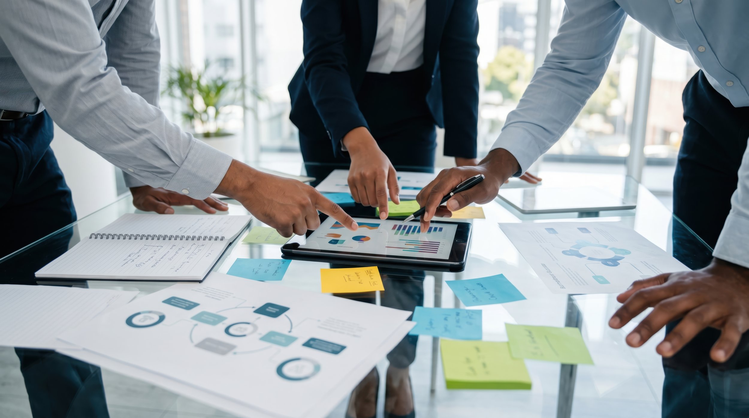 Business professionals analyzing data and charts on a tablet and printed documents during a meeting.