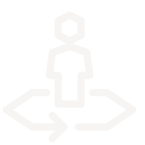 Line drawing of a hexagon connected to a stylized human figure with arrows pointing outward in three directions.