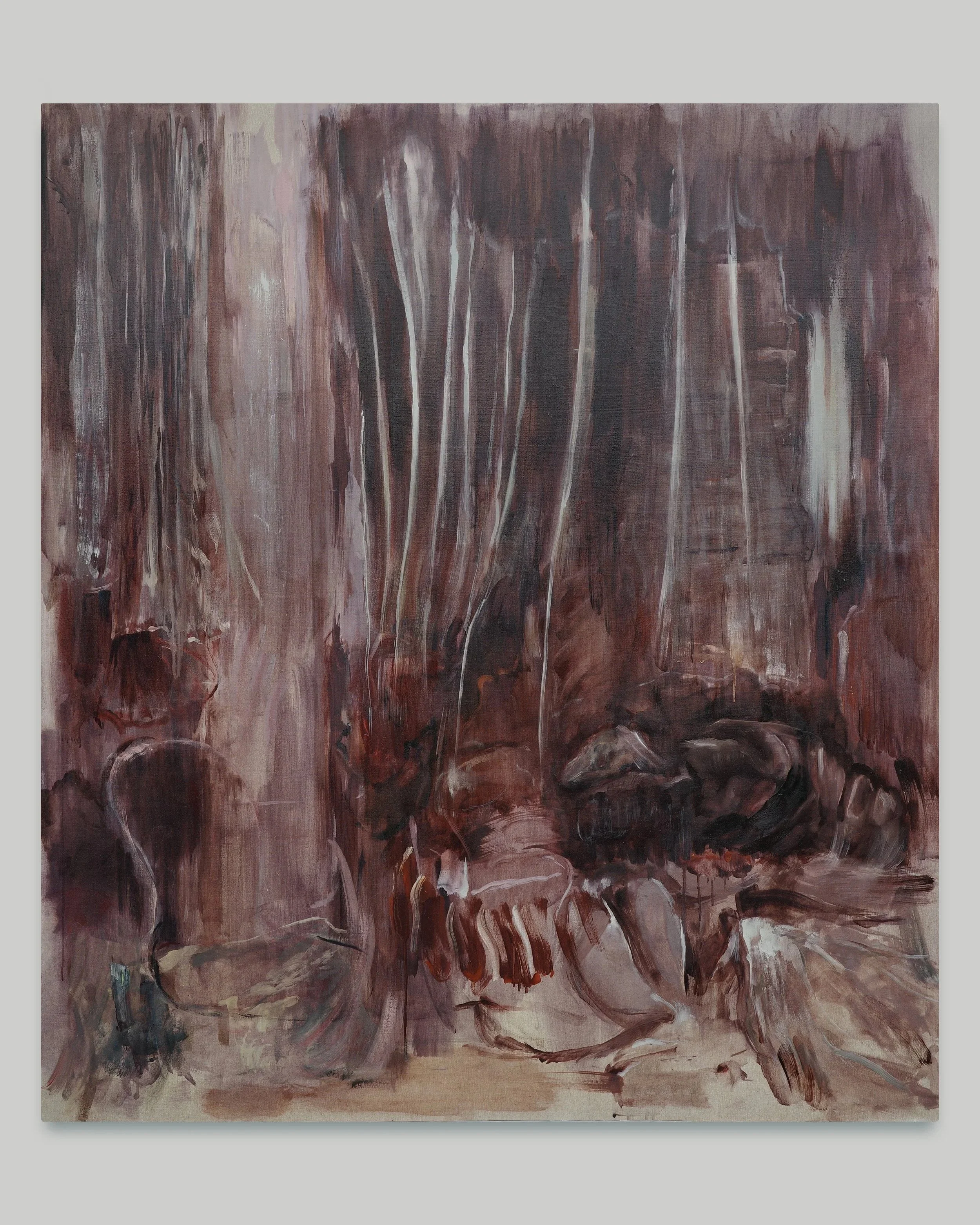 A dim interior divided by hanging curtains and vertical bands of paint, with a narrow opening of pale light and partially visible body.