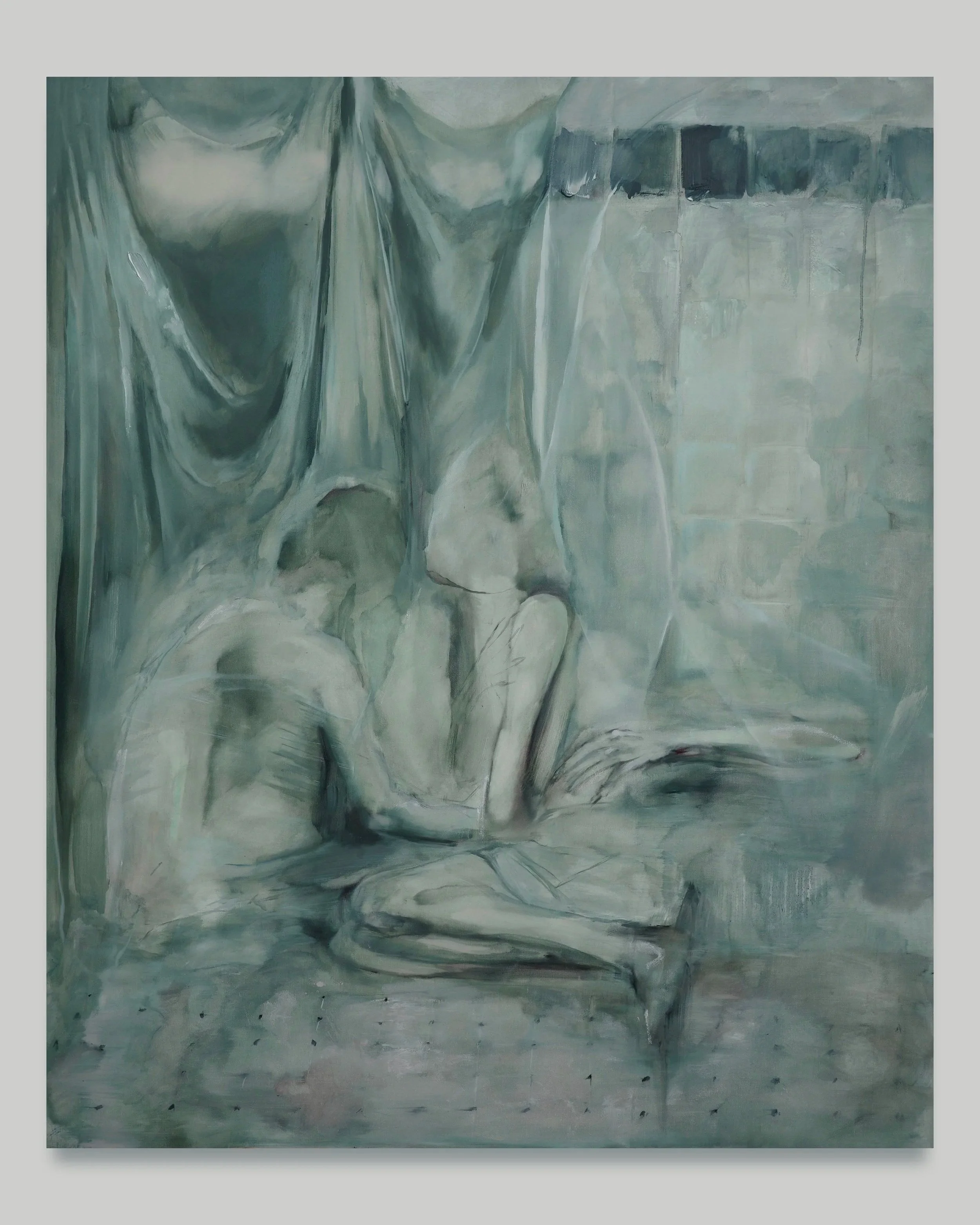 A muted green-grey interior with three partially obscured figures, hanging drapery, a dark tiled wall and a softly reflected floor.