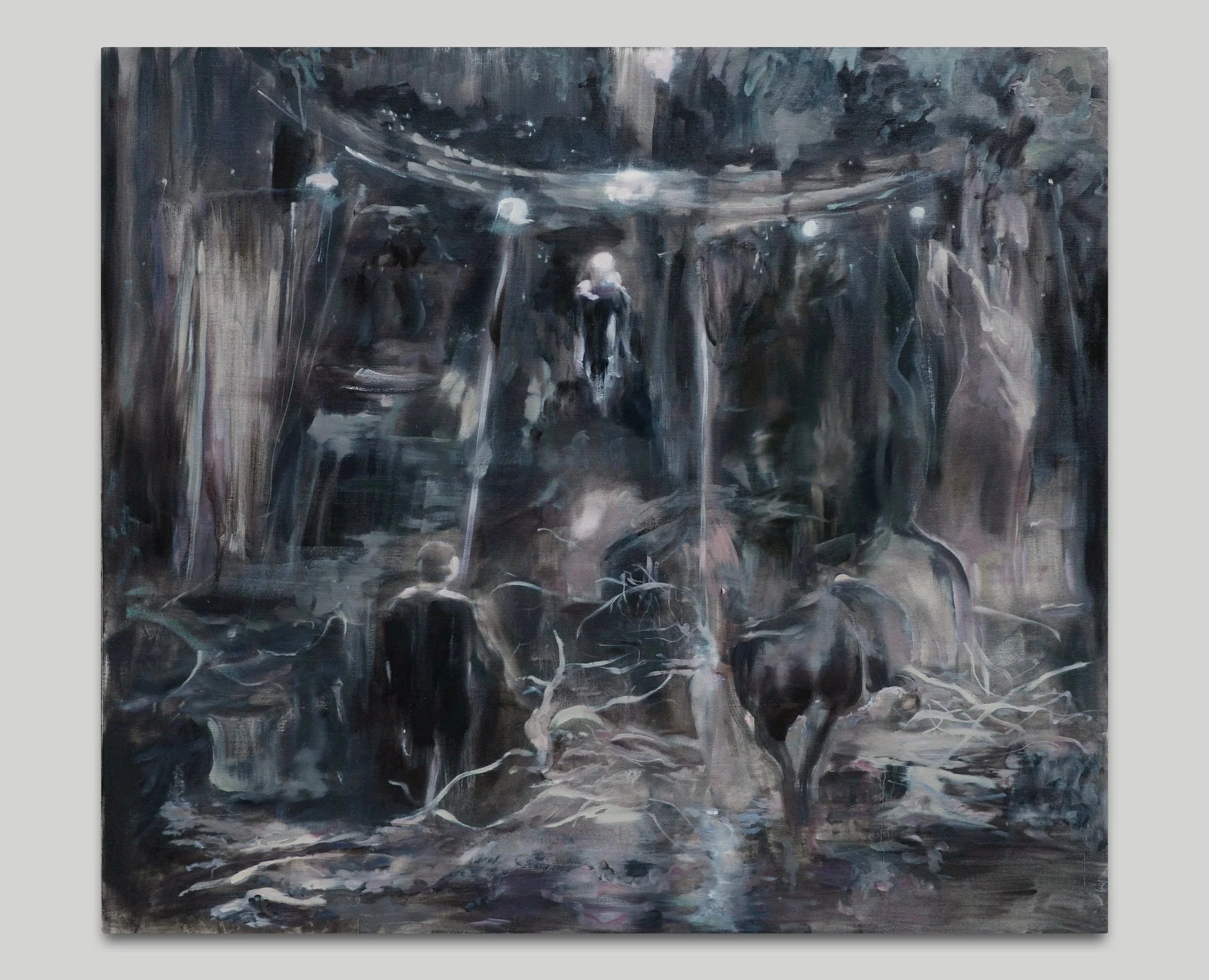 Indistinct figures and animal-like forms occupy a dark clearing, divided by vertical structures and veils of dragged, translucent paint.
