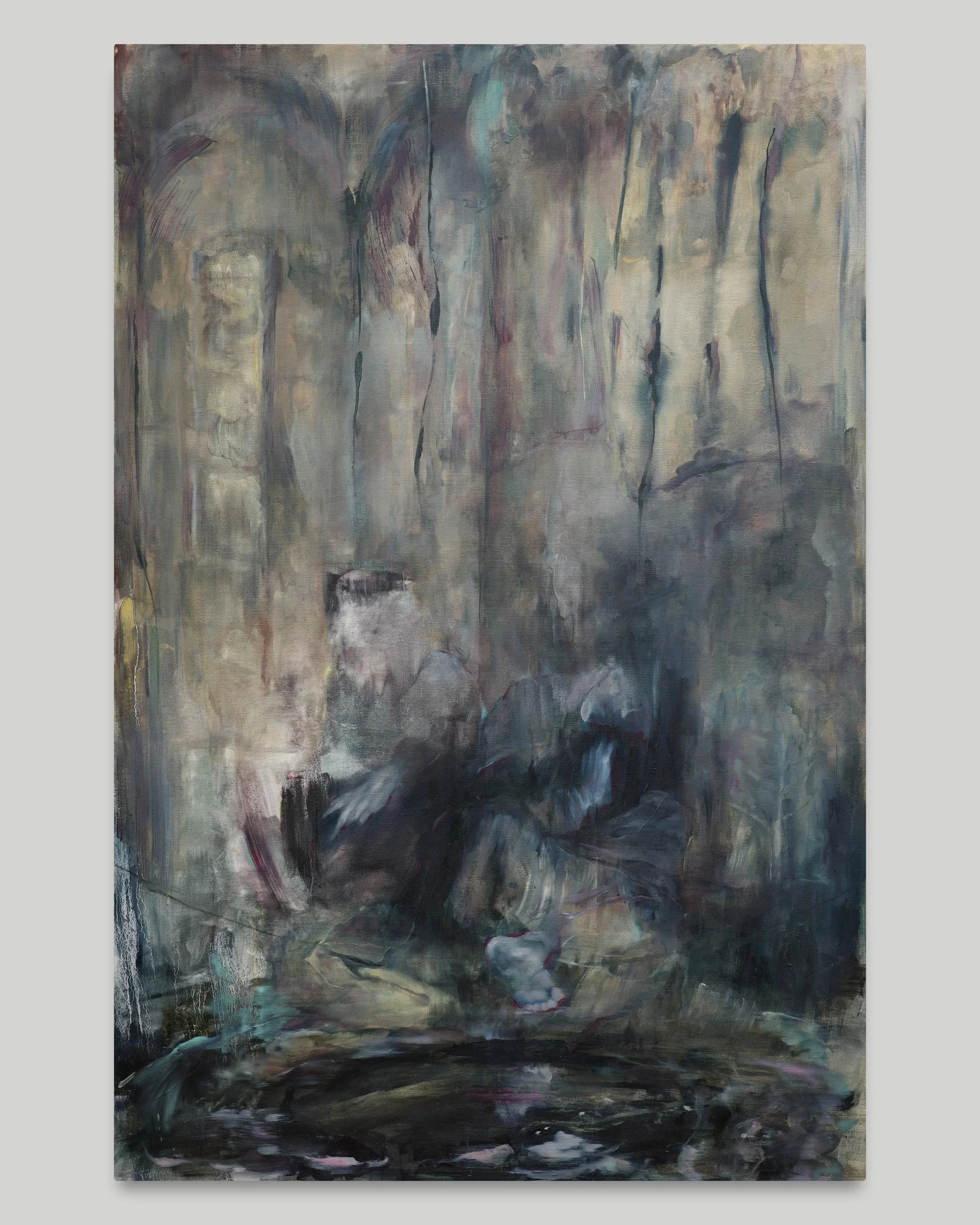 A solitary figure emerges within a layered landscape of muted greens, blue-greys, dusty pinks and dark vertical forms.